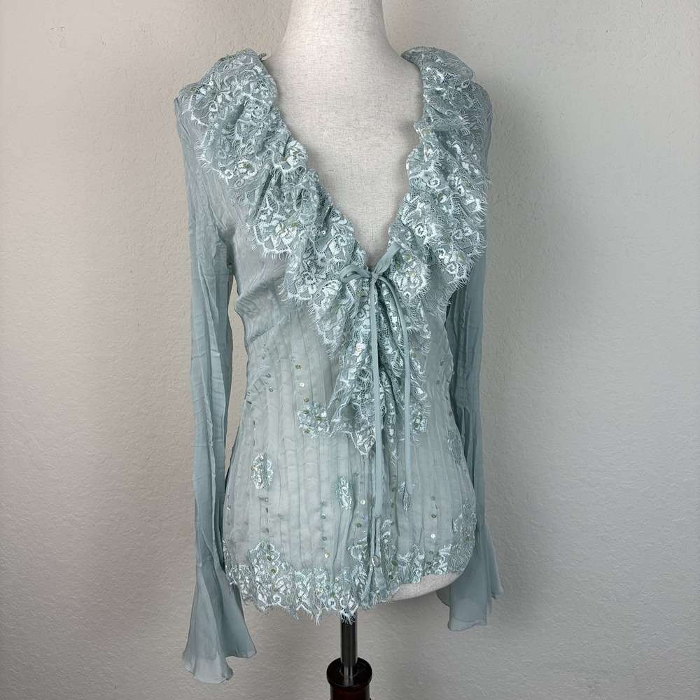 Y2k Vtg M Fairy Blouse Long Sleeve Ruffle Beaded Blue Romantic 90s Lace Sheer